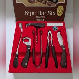 Vintage 6-Piece Bar Set Stainless Steel Wooden Handles 1980's Original Packaging